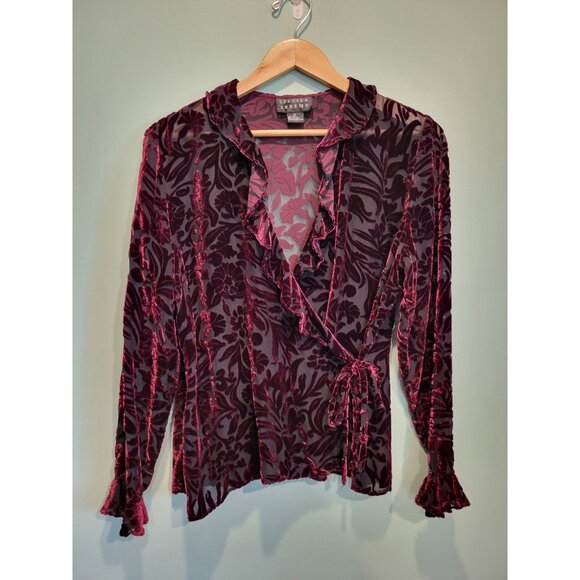 Vtg Burgundy Burnout Velvet Semi Sheer Ruffle Fairygrunge Wrap Top Sz 14 - Picture 1 of 7